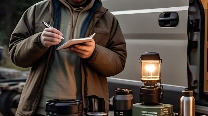 person writing and thinking about camping