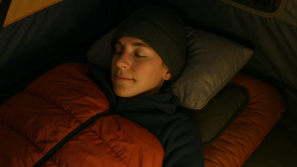 person sleeping comfortably in a sleeping bag in tent