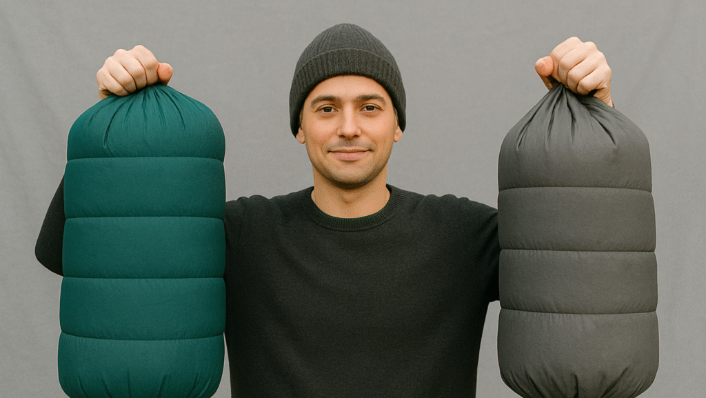 person holding two sleeping bags