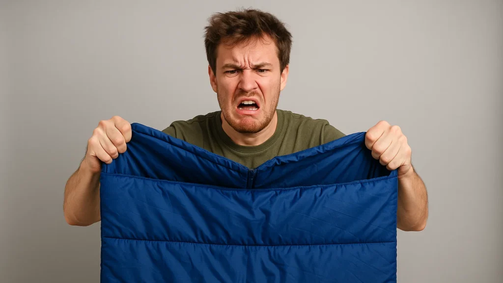 person frustrated with rectangular sleeping bag