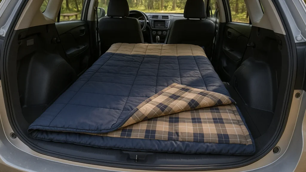 rectangular sleeping bag in a car