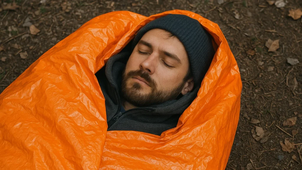 man sleeping in an emergency sleeping abg