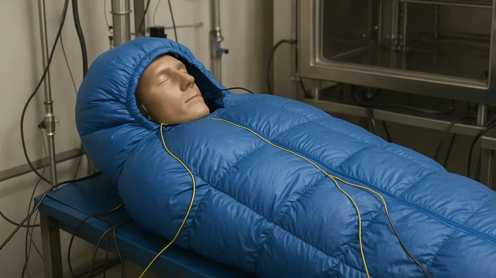 sleeping bag tested in a lab on a mannequin